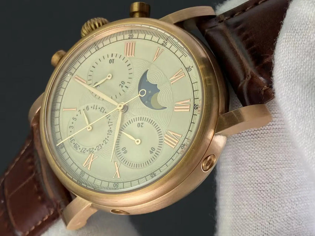 vastara sapphire retro bronze shell moon phase s - genuine leather design watch 13 - classic unisex timepiece with stainless