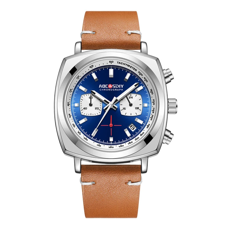 vastara men’s square leather watch - modern unisex watch with chronograph in neutral leather band (USA)