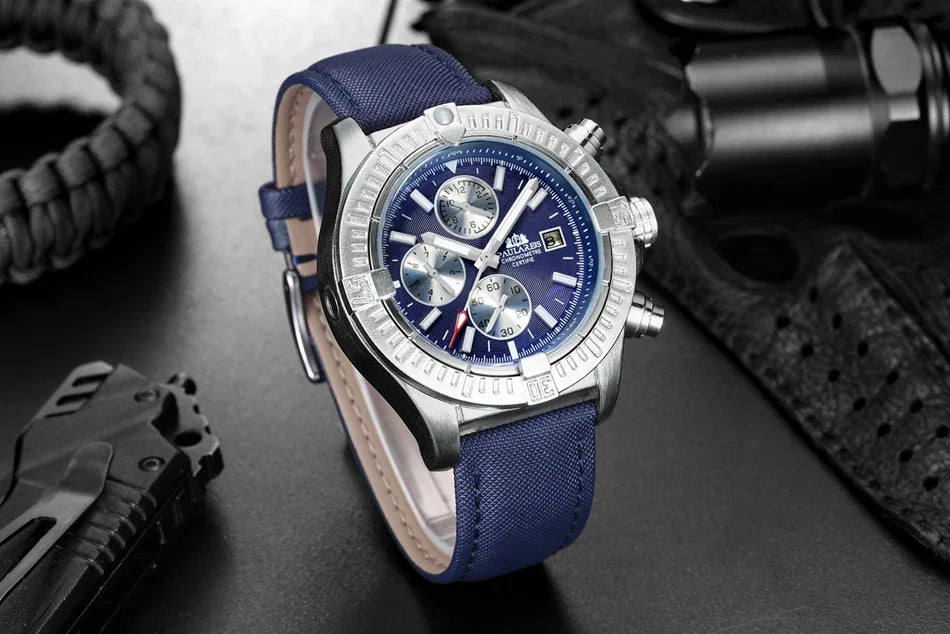 vastara s self wind canvas genuine black blue leather multifunction date month luminous watch 13 - classic unisex timepiece