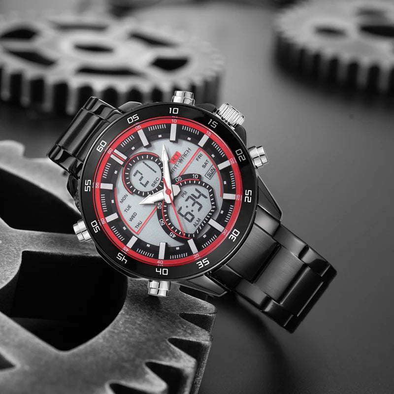 vastara retro black 's hybrid - digital analog display multi-function vintage alloy case leather stra watch detail -