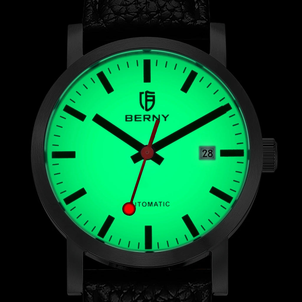 vastara berny for self-wind sappire miyota luminous railroad watch detail - reliable movement, stainless steel, waterproof