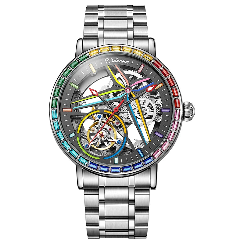 vastara - rainbow colored gemstone tourbillon fashion skeleton watch - casual unisex watch with waterproof in neutral