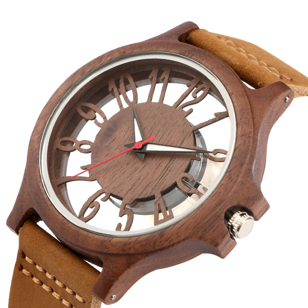 vastara transparent hollow arabic numerals display 's wood chic genuine leather watch 13 - classic unisex timepiece with