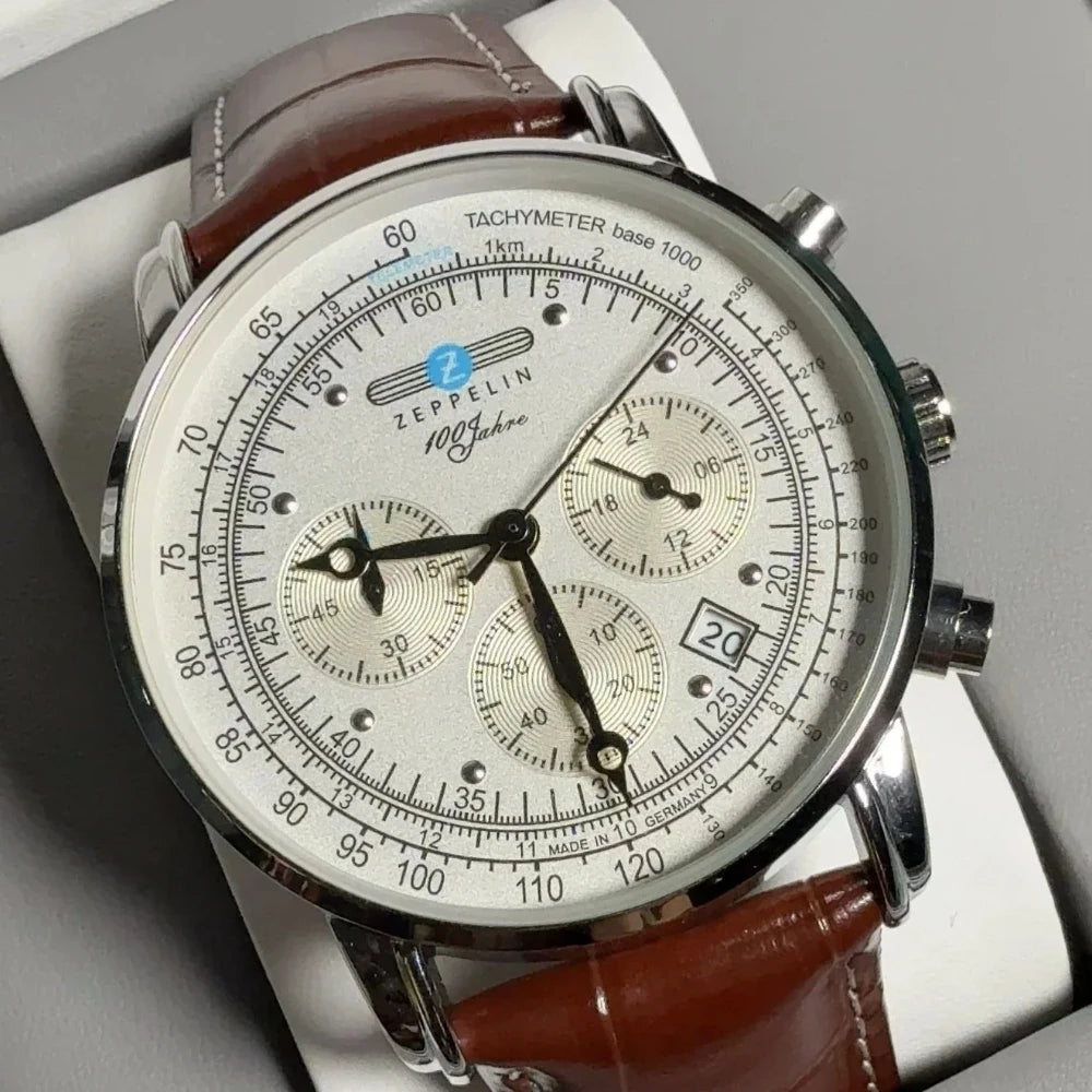 vastara - zeppelin skychrono 42mm quartz chronograph leather watch watch detail - reliable movement, chronograph, waterproof