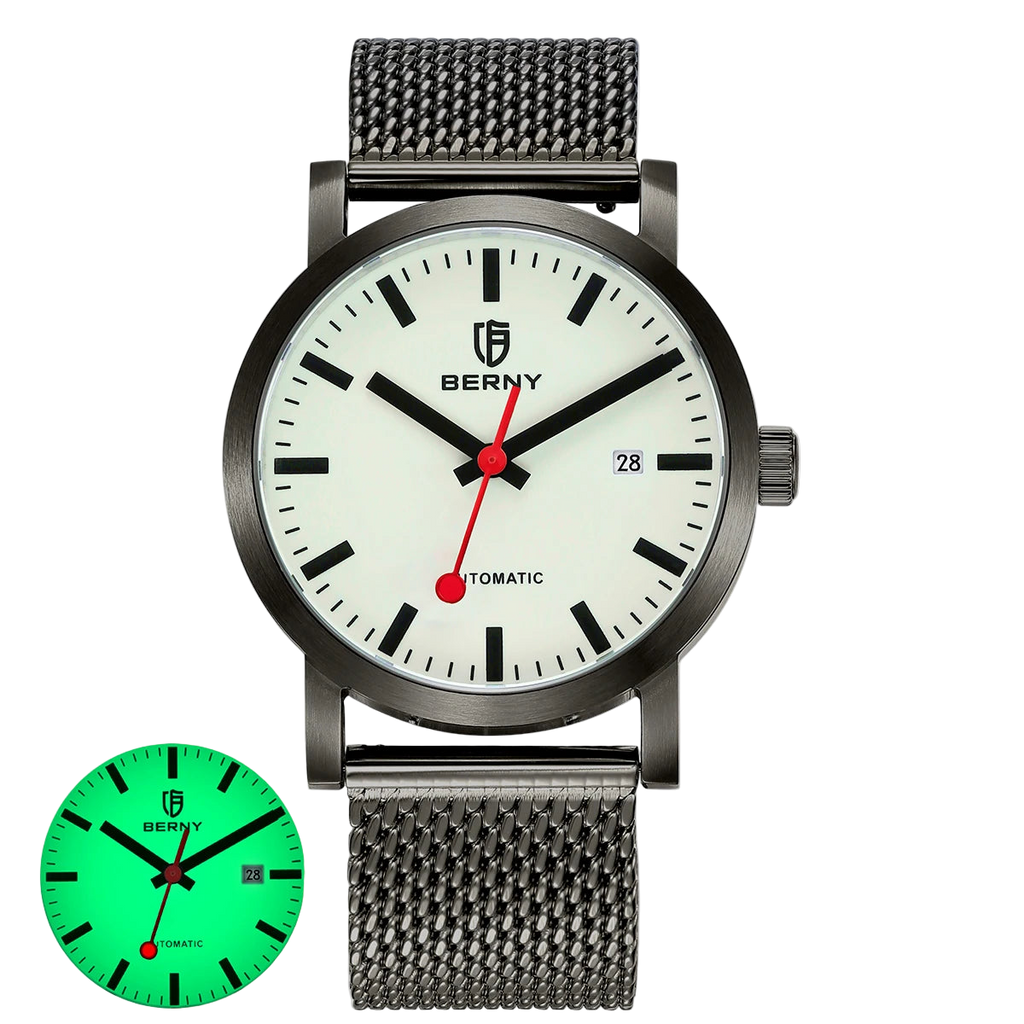 vastara berny for self-wind sappire miyota luminous railroad - casual unisex watch with stainless steel in white stainless