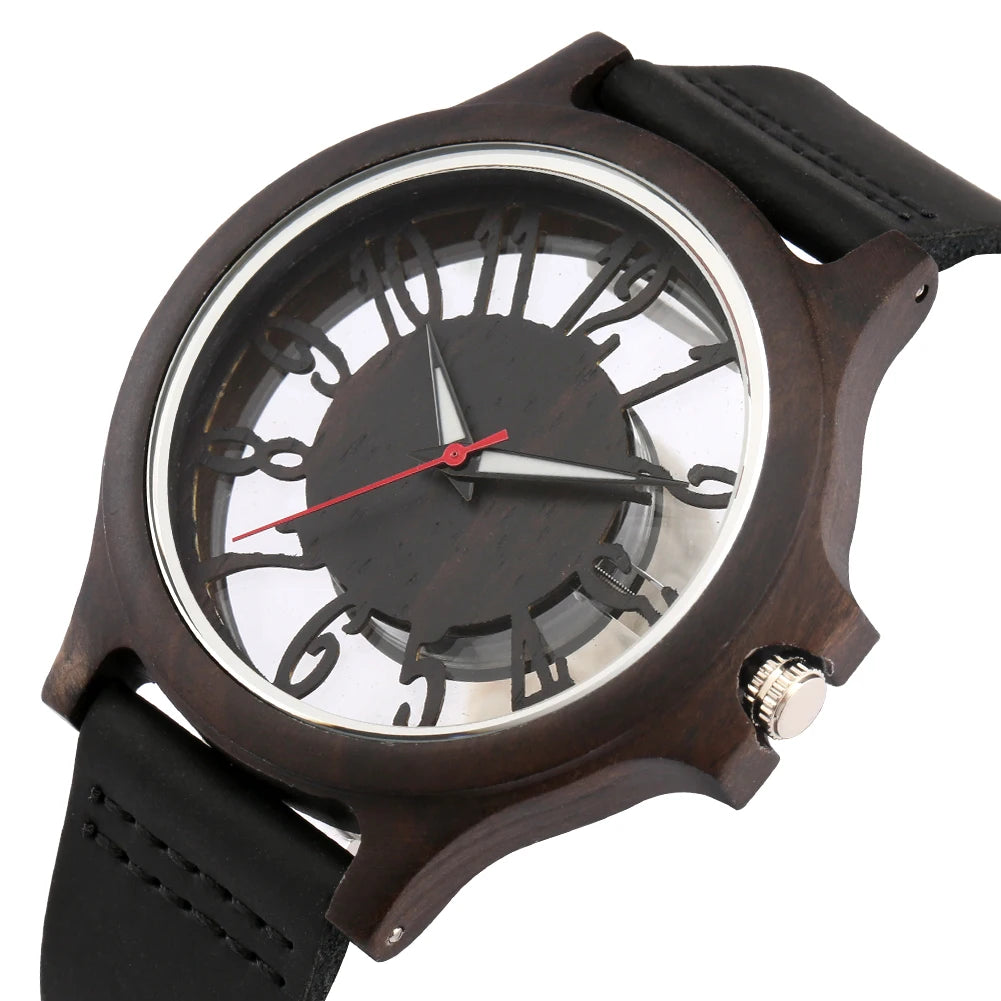 vastara transparent hollow arabic numerals display 's wood chic genuine leather watch 18 - classic unisex timepiece with