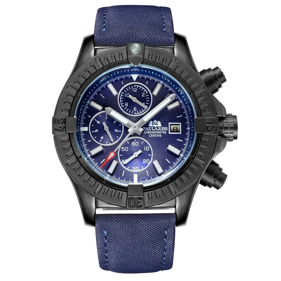 vastara s self wind canvas genuine black blue leather multifunction date month luminous watch 50 - classic unisex timepiece