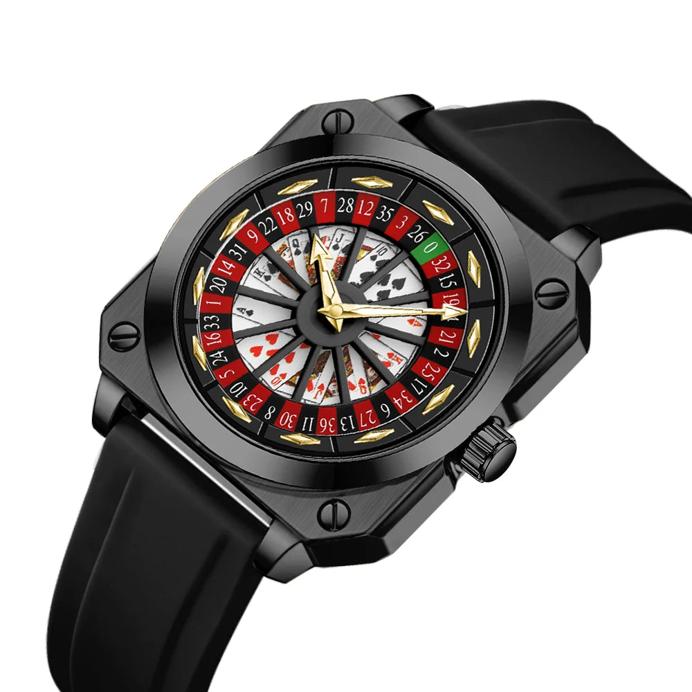 Creative Men Watch Fashion Roulette Original Quartz Movement Silicone Red Black Sports Square Rotating Night Light Watch f...