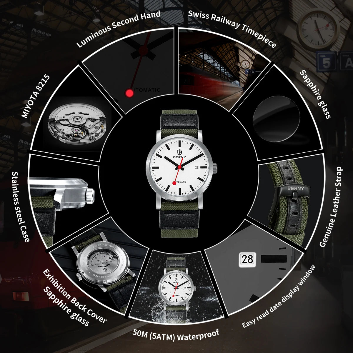 vastara berny railroad miyota stainless steel sport watch watch 6 - casual unisex timepiece with stainless steel (USA)