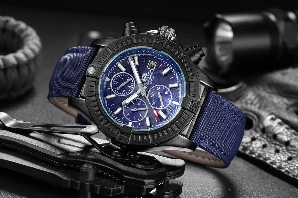 vastara s self wind canvas genuine black blue leather multifunction date month luminous watch 19 - classic unisex timepiece