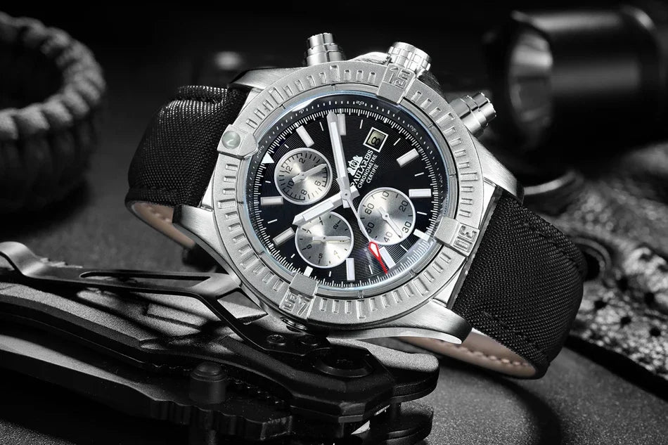 vastara s self wind canvas genuine black blue leather multifunction date month luminous watch 18 - classic unisex timepiece