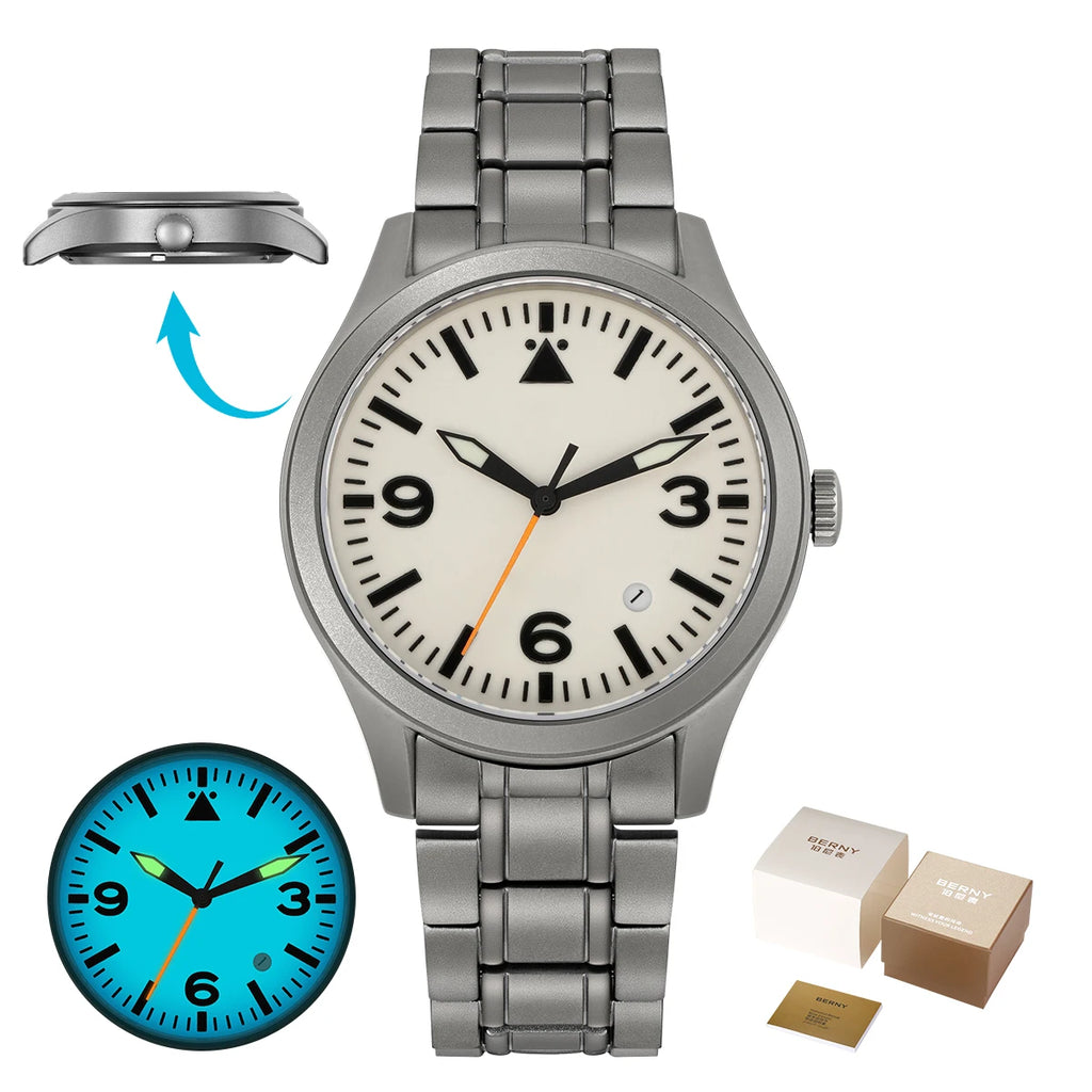 vastara berny pilot titanium sapphire ar coating supper luminous 10bar sport titanium aviation watch 49 - classic unisex