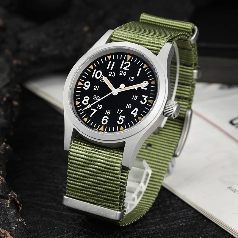 vastara - militado vintage field watch sweep second quartz watch detail - quartz movement movement, waterproof, waterproof