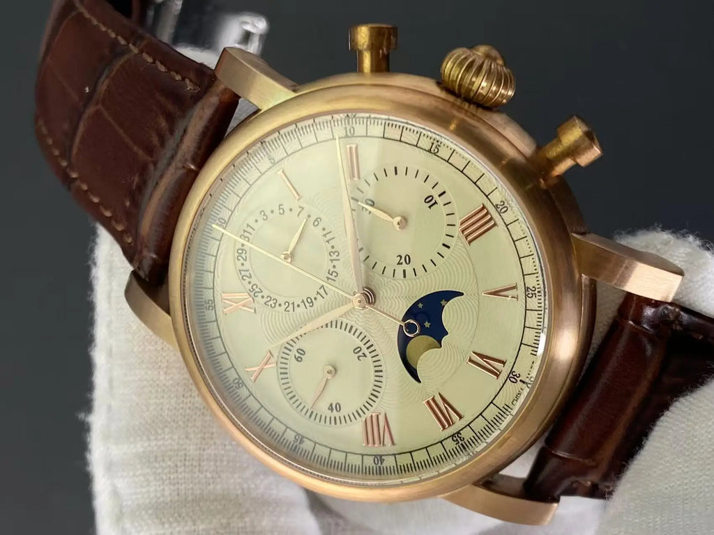 vastara sapphire retro bronze shell moon phase s - genuine leather design watch 14 - classic unisex timepiece with stainless