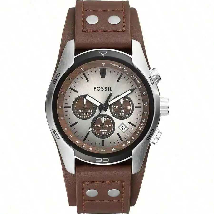 vastara - fossil men's brown leather chronograph quartz watch - casual unisex watch with chronograph in brown stainless