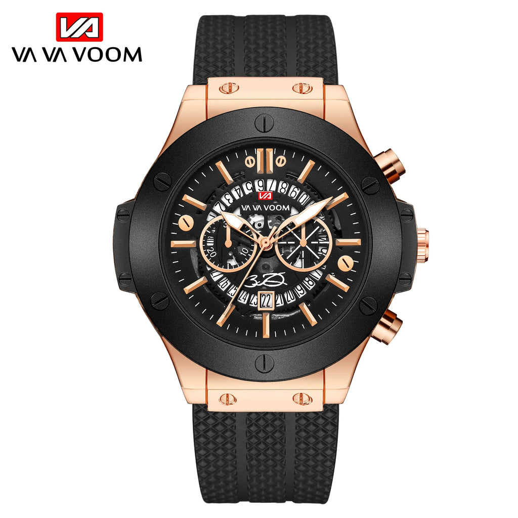 vastara black silicone s hand 46mm hollowed out large dial rose watch 7 - classic unisex timepiece with stainless steel (USA)
