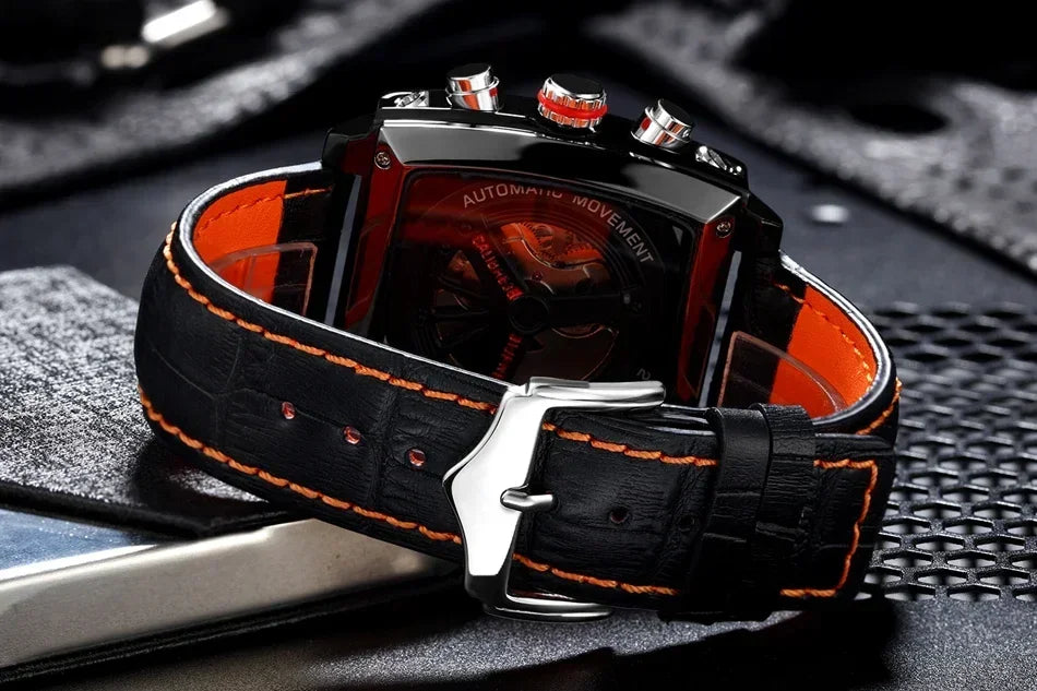 vastara leather stainless steel black orange casual 40mm perspective see through watch 14 - casual unisex timepiece with