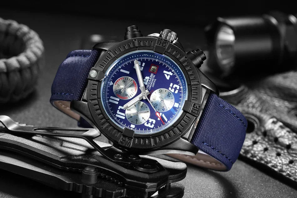 vastara s self wind canvas genuine black blue leather multifunction date month luminous watch 35 - classic unisex timepiece