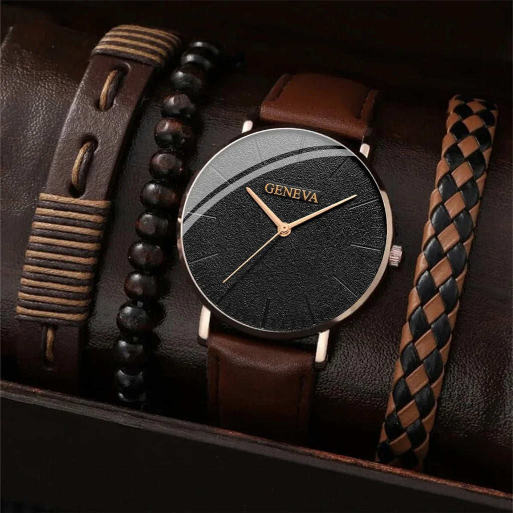 VASTARA vastara luxury men’s watch & bracelet set – brown leather quartz unisex timepiece - quartz leather band watch (USA)
