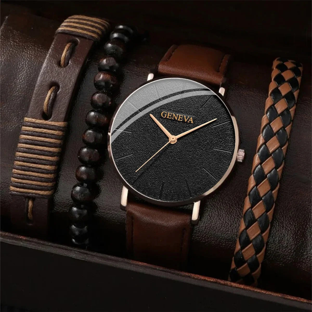 VASTARA vastara luxury men’s watch & bracelet set – brown leather quartz unisex timepiece - quartz leather band watch (USA)