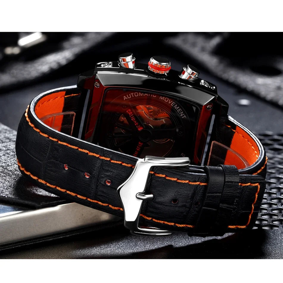 vastara leather stainless steel black orange casual 40mm perspective see through watch 5 - casual unisex timepiece with