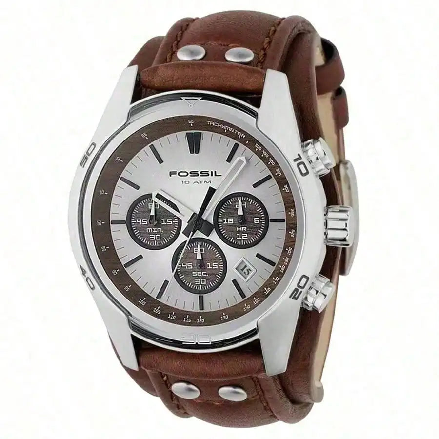vastara - fossil men's brown leather chronograph quartz watch watch detail - quartz movement movement, chronograph,