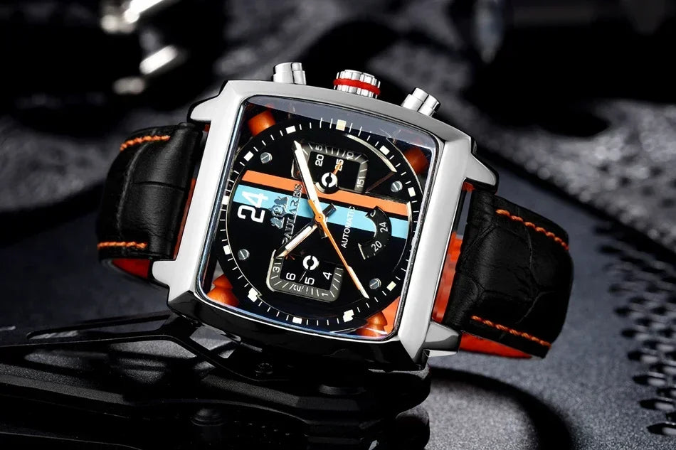 vastara leather stainless steel black orange casual 40mm perspective see through watch 17 - casual unisex timepiece with