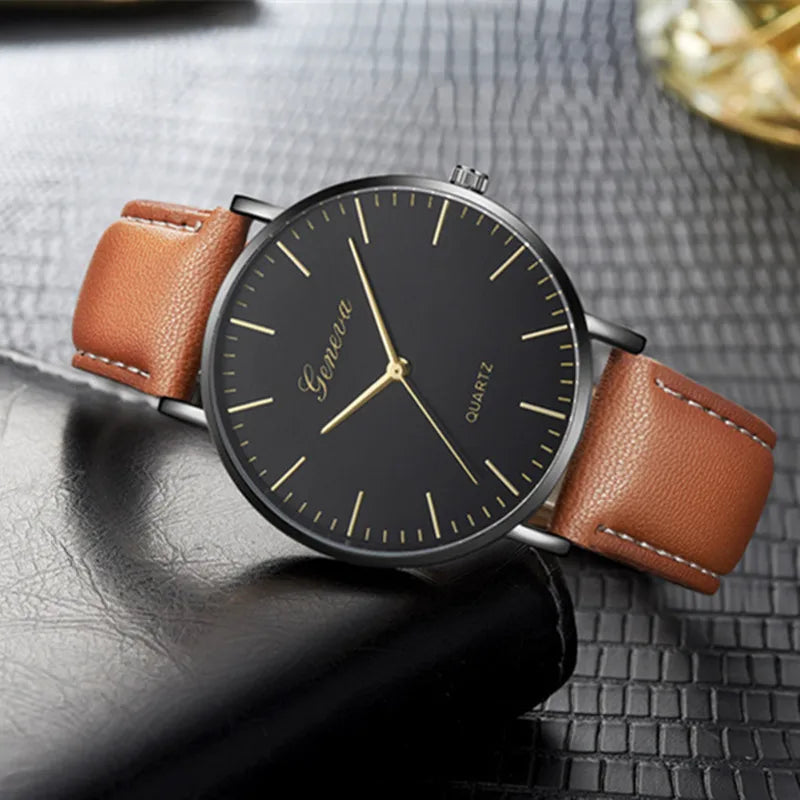 vastara - geneva axis classic leather quartz watch for men - casual unisex watch with waterproof in black stainless steel