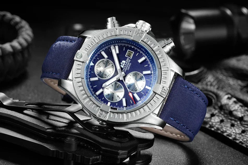 vastara s self wind canvas genuine black blue leather multifunction date month luminous watch 21 - classic unisex timepiece