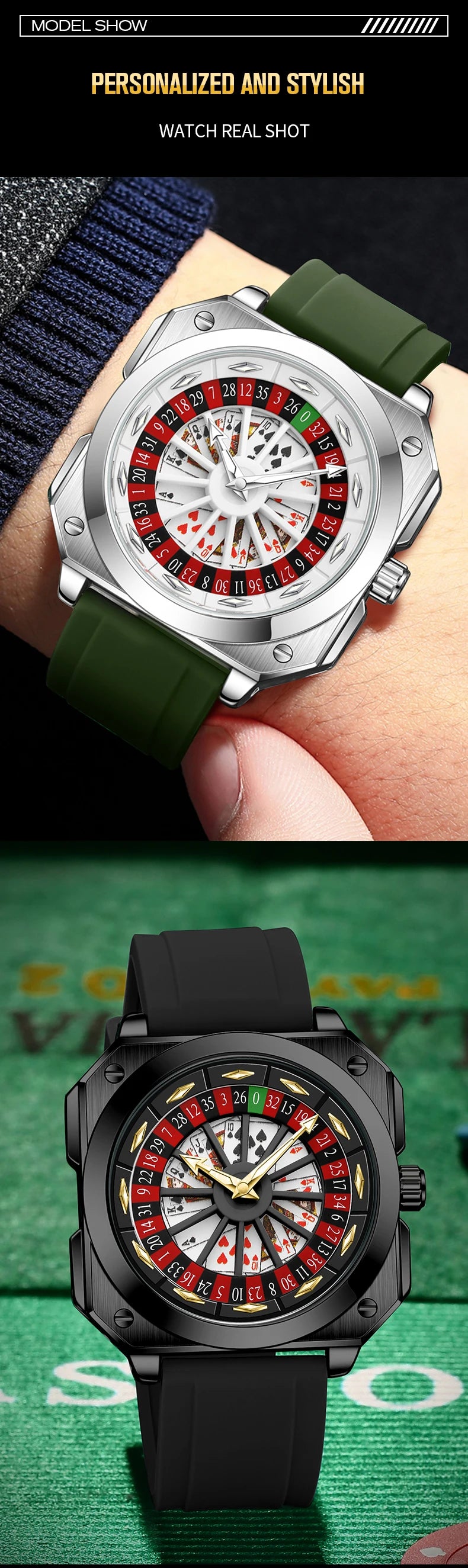 Creative Men Watch Fashion Roulette Original Quartz Movement Silicone Red Black Sports Square Rotating Night Light Watch f...