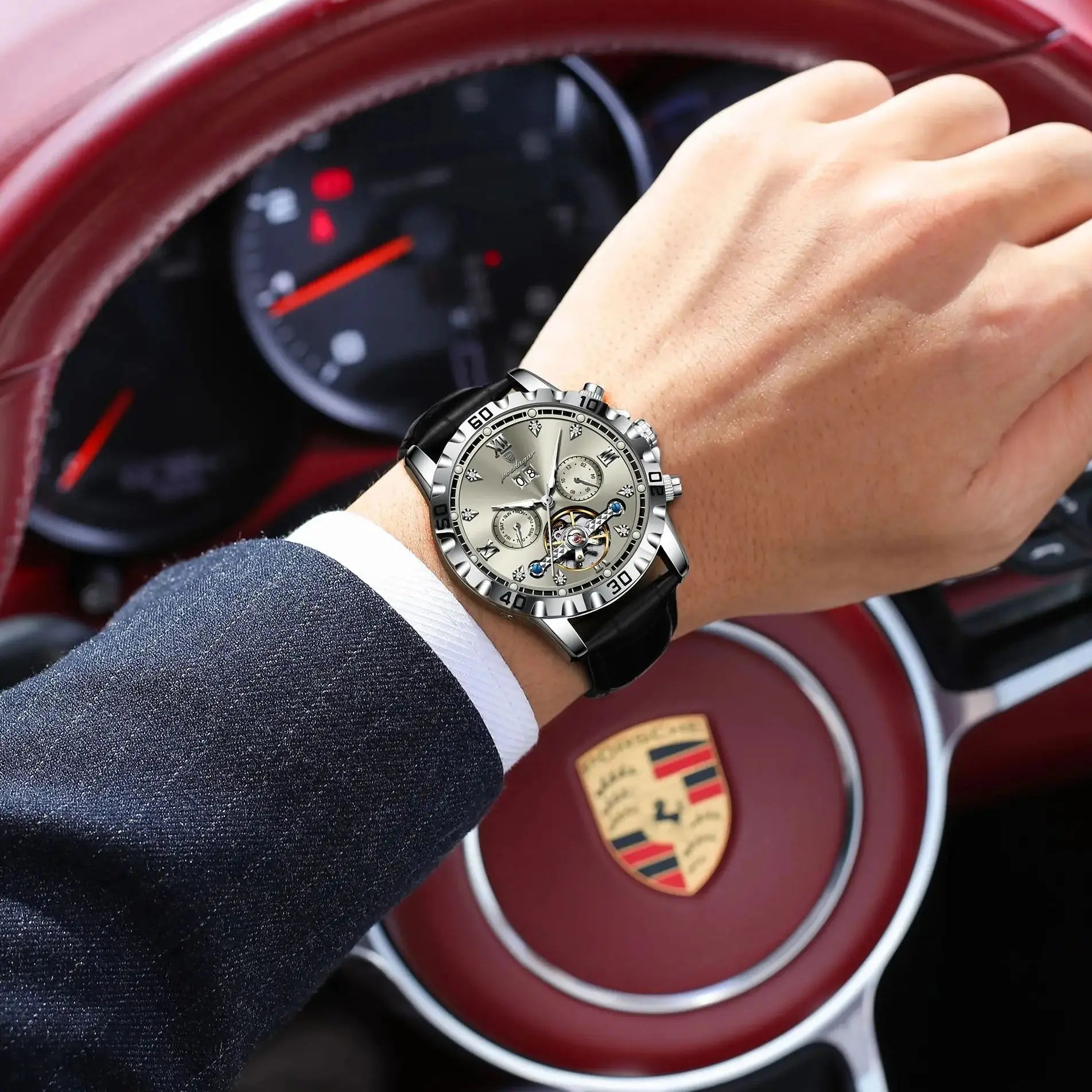 unisex classic watch vastara genuine leather sapphire poedagar hollow tourbillon - daily wear timepiece with white dial (USA)