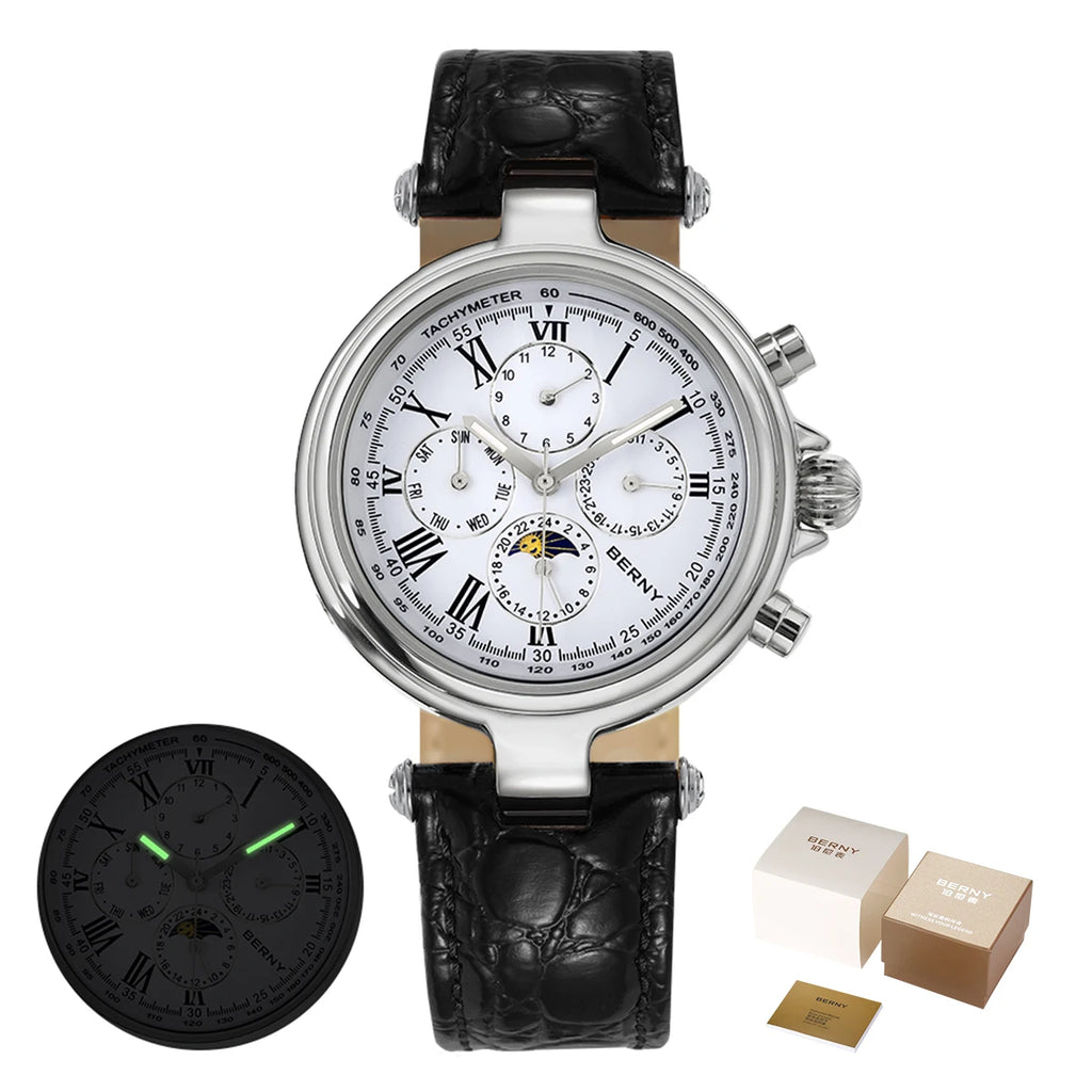 vastara retro for sun moon phase: genuine leather genuine leather - classic unisex watch with stainless steel in white