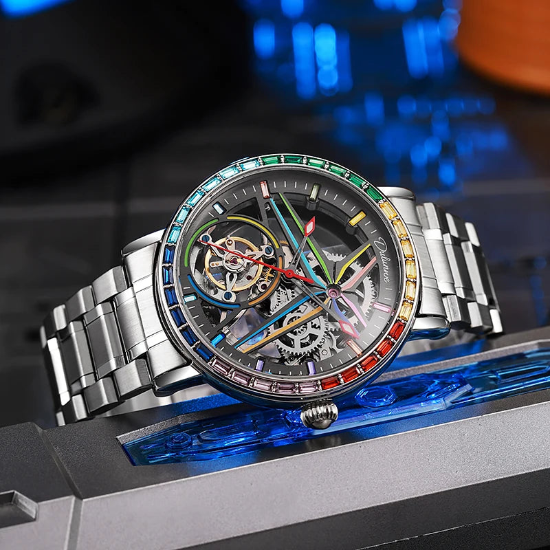vastara - rainbow colored gemstone tourbillon fashion skeleton watch watch detail - automatic movement movement, waterproof,
