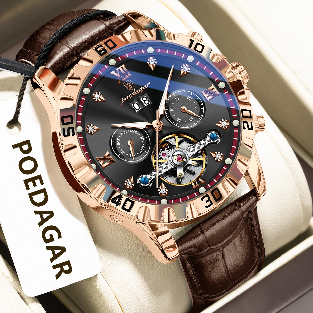 vastara genuine leather sapphire poedagar hollow tourbillon watch 9 - classic unisex timepiece with stainless steel (USA)