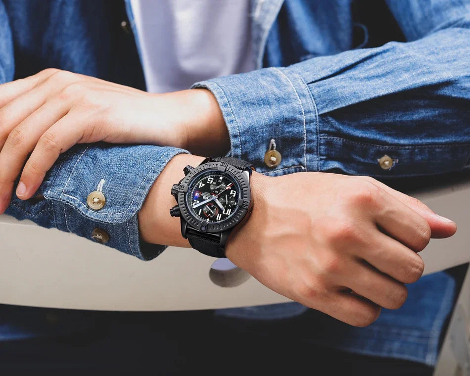 vastara s self wind canvas genuine black blue leather multifunction date month luminous watch 27 - classic unisex timepiece