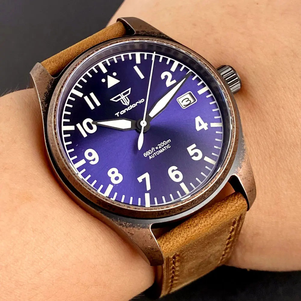 vastara sapphire tandorio retro pilot es nh35a 's bronze plated pvd sapphire crystal 39mm - classic unisex watch with