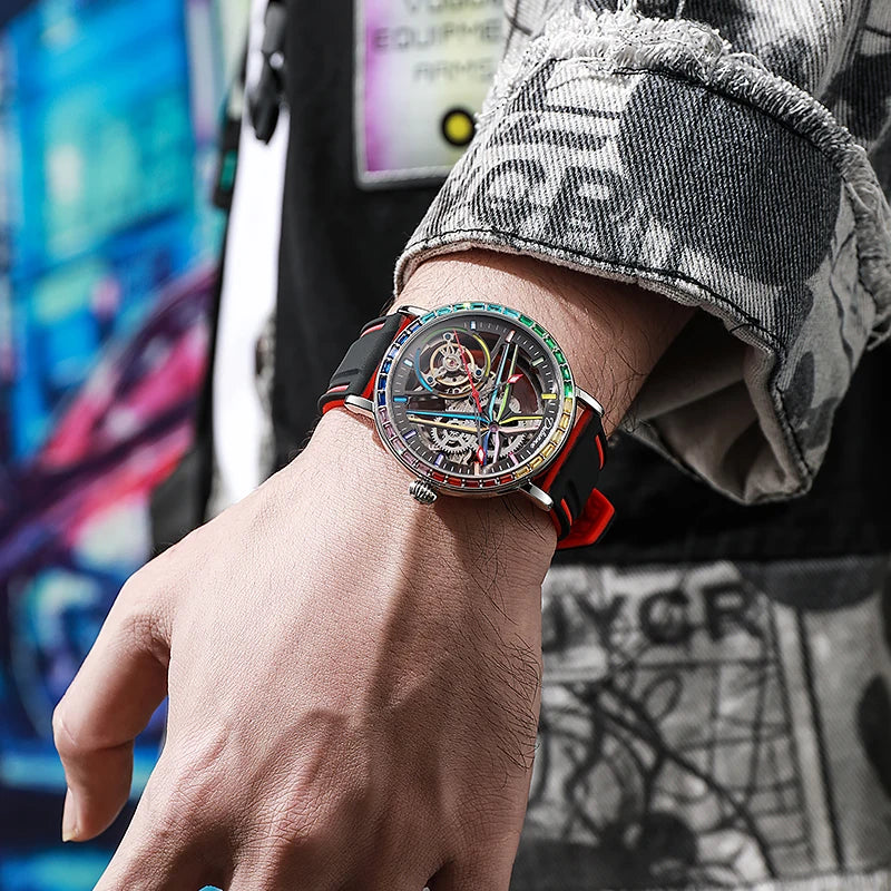 unisex casual watch vastara - rainbow colored gemstone tourbillon fashion skeleton watch - daily wear timepiece with neutral