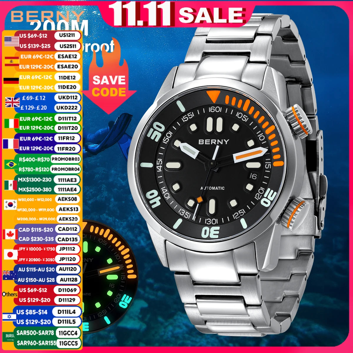 vastara sapphire berny dive for super luminous original - classic unisex watch with stainless steel in white stainless steel
