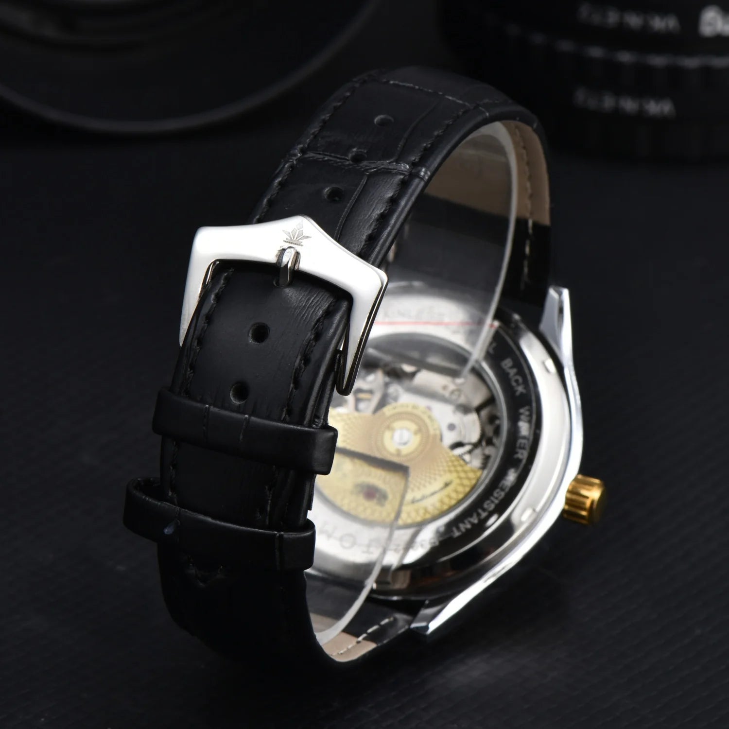 vastara orient double lion japanese fully hollowed out business 's leather strap watch 17 - business unisex timepiece with