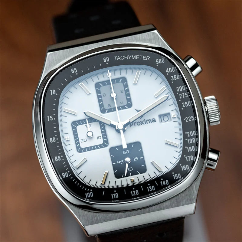 vastara proxima 39mm square watch – men’s chronograph watch detail - quartz movement movement, chronograph, waterproof
