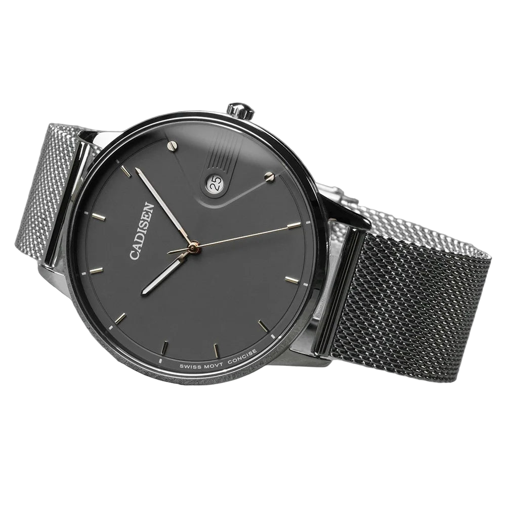 vastara - cadisen men’s sapphire quartz watch with milano mesh strap watch detail - quartz movement movement, waterproof,