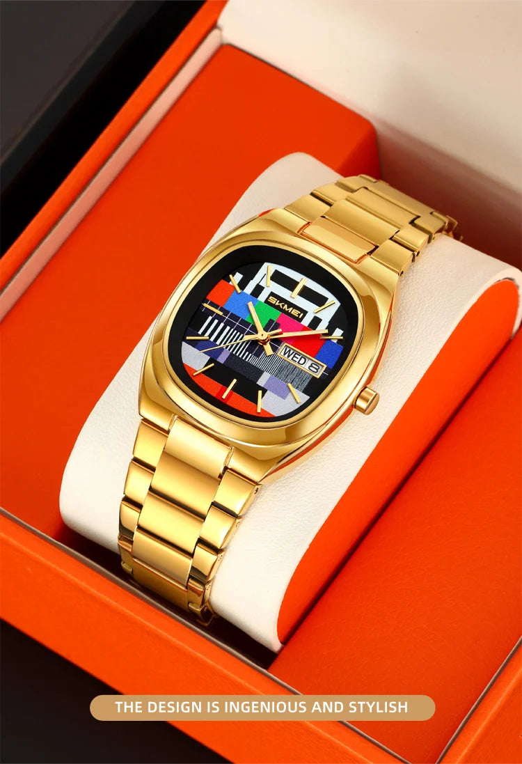 vastara skmei retro gold oval watch tv pattern dial 30m watch 6 - vintage unisex timepiece with stainless steel (USA)