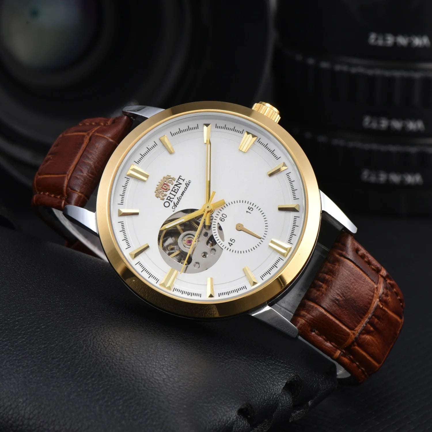 vastara orient double lion japanese fully hollowed out business 's leather strap watch 9 - business unisex timepiece with