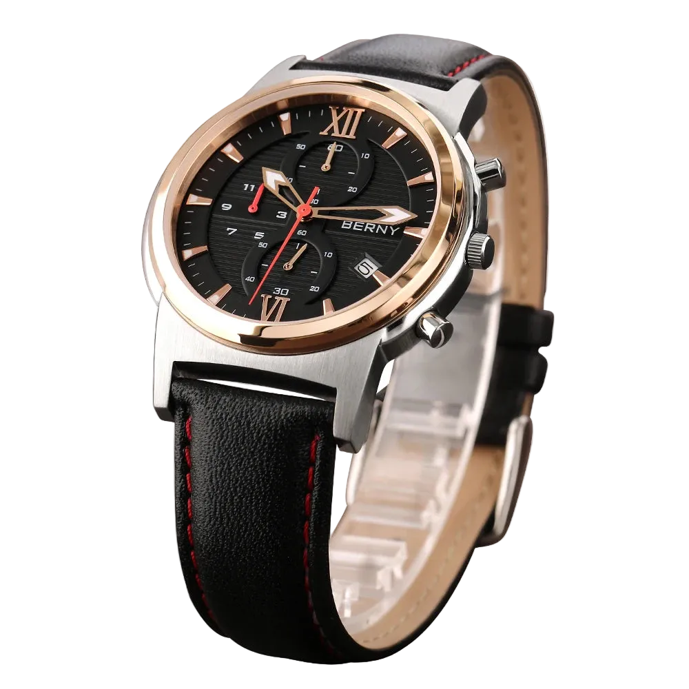 BERNY Men Quartz Watch Calendar Waterproof Leather - Product Image 2