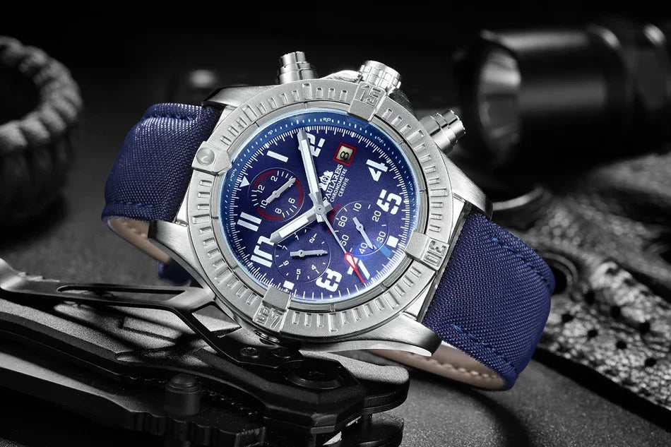 vastara s self wind canvas genuine black blue leather multifunction date month luminous watch 28 - classic unisex timepiece