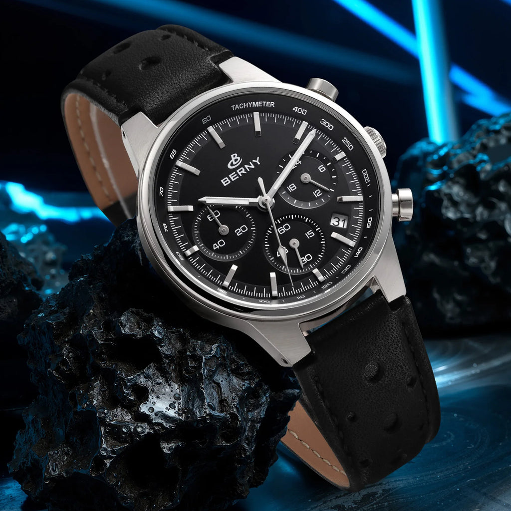 vastara berny chronograph sports for sapphire retro leather watch 5 - casual unisex timepiece with chronograph (USA)