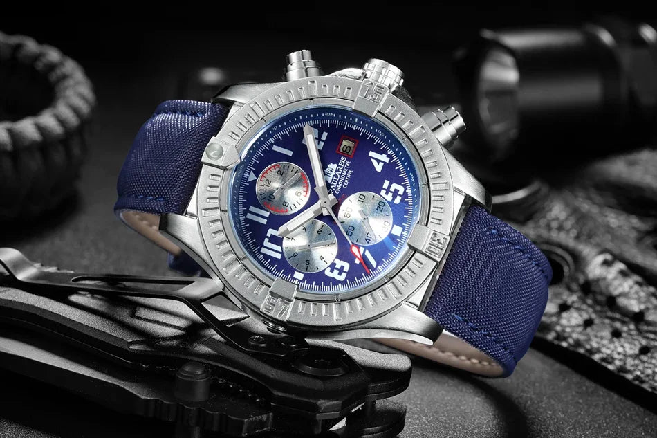 vastara s self wind canvas genuine black blue leather multifunction date month luminous watch 29 - classic unisex timepiece