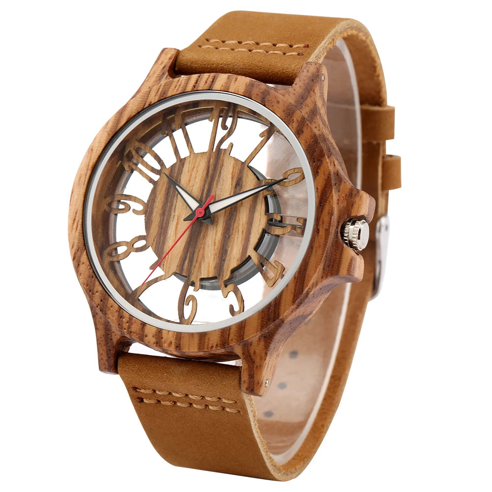 vastara transparent hollow arabic numerals display 's wood chic genuine leather watch 8 - classic unisex timepiece with