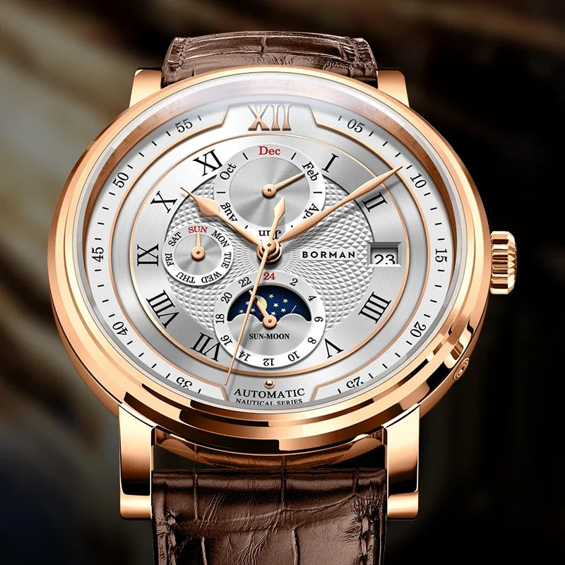 vastara - borman imperium 40mm automatic mechanical moonphase watch watch detail - automatic movement movement, waterproof,