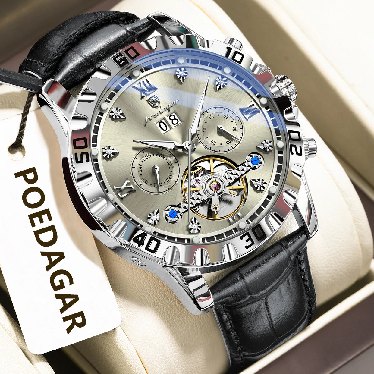 vastara genuine leather sapphire poedagar hollow tourbillon - classic unisex watch with stainless steel in white stainless